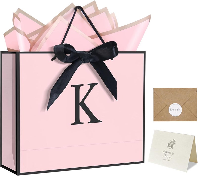 QLSKO Personalized Initial Paper Bag for Women Grils,Monogrammed Gift Bag with Bow Ribbon,Wrapping Tissue and Card Matching Envelope Sticker (Pink, K-Medium) - Image 1